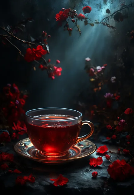 Elegance and darkness. The image features a cup of tea, which is the focal point, artfully positioned at the center of the composition. The tea is rendered in vivid red tones, reflecting the rich color palette of the Dutch Golden Age painting style. The background is dark, desaturated, and filtered with a grunge texture to evoke a sense of nostalgia and decay. The desaturation creates a contrasting effect with the bright tea, emphasizing its presence. The lighting is set to a hard light, creating strong shadows and highlights that add depth to the image. The overall style of the image is inspired by the work of American pop artist Roy Lichtenstein, known for his use of bold colors, and distorted imagery. light beam,  ,<lora:Magic of Art (FLUX).safetensors:1.0> ,.safetensors: ,1.0 ,>