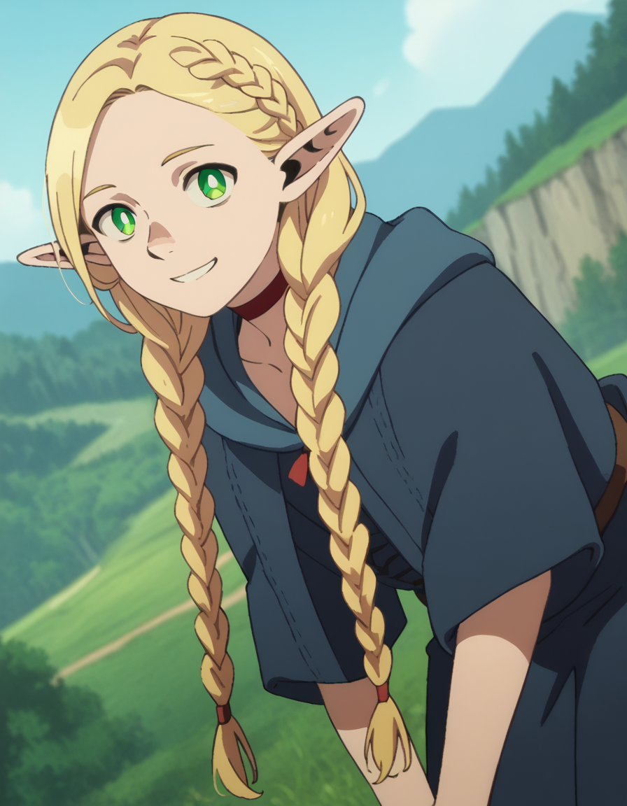 score_9, score_8_up, score_7_up, source_anime,
marcilledonato, <lora:marcille-donato-s1-ponyxl-lora-nochekaiser:1>,
marcille donato, long hair, blonde hair, green eyes, braid, pointy ears, twin braids, elf, bright pupils, parted bangs,
choker, robe, red choker,
outdoors, landscape, bent over, smile,
looking at viewer, solo, cowboy shot, dutch angle,