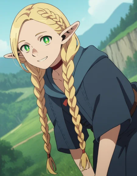 score_9, score_8_up, score_7_up, source_anime,
marcilledonato, <lora:marcille-donato-s1-ponyxl-lora-nochekaiser:1>,
marcille donato, long hair, blonde hair, green eyes, braid, pointy ears, twin braids, elf, bright pupils, parted bangs,
choker, robe, red choker,
outdoors, landscape, bent over, smile,
looking at viewer, solo, cowboy shot, dutch angle,