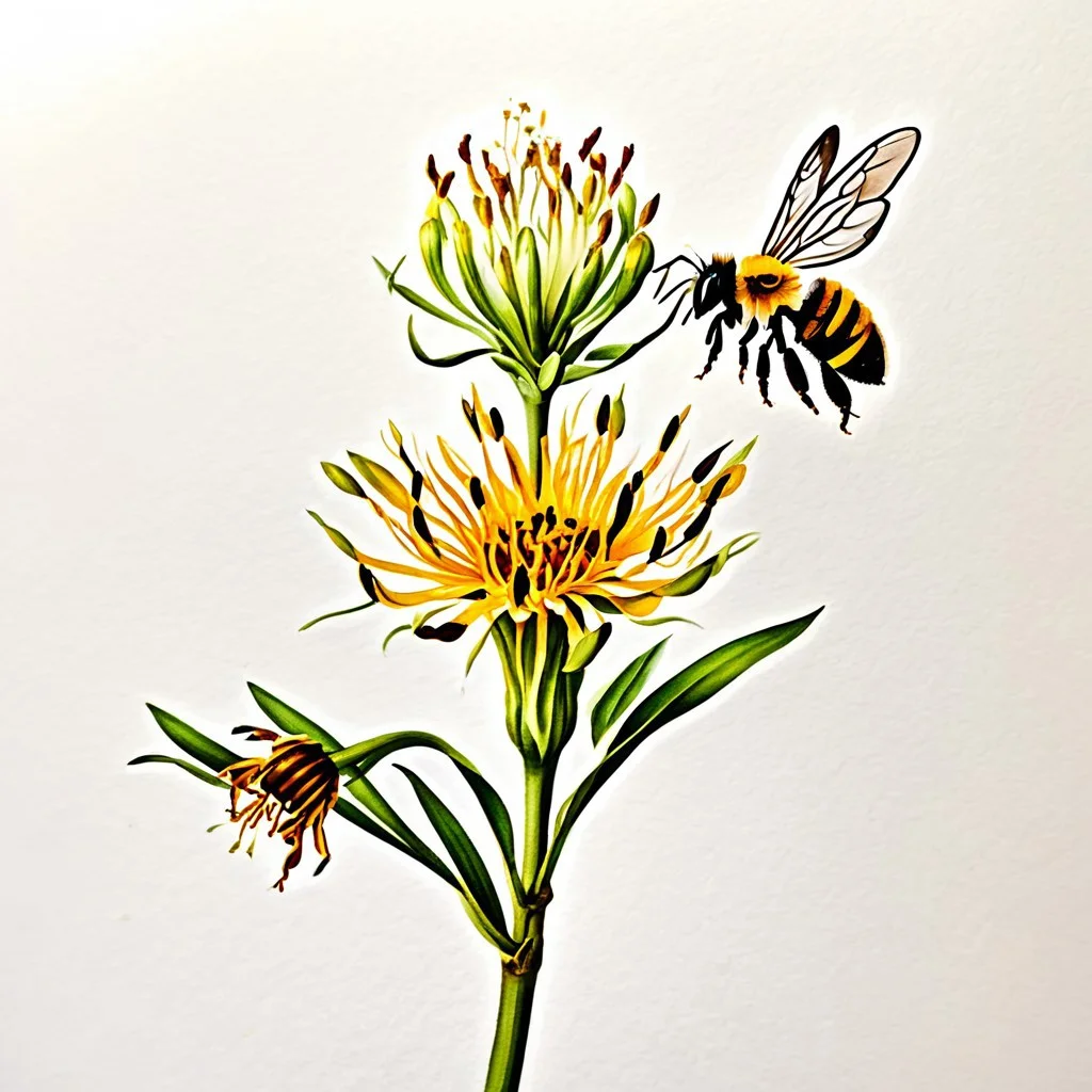 flower with bee alighting on it, botanical art