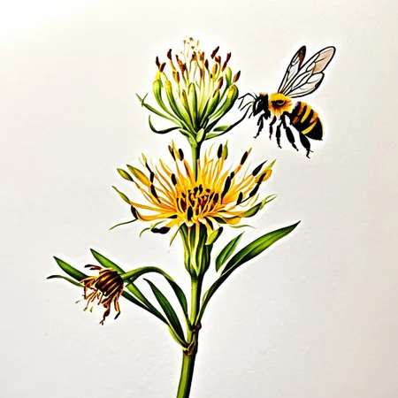 flower with bee alighting on it, botanical art