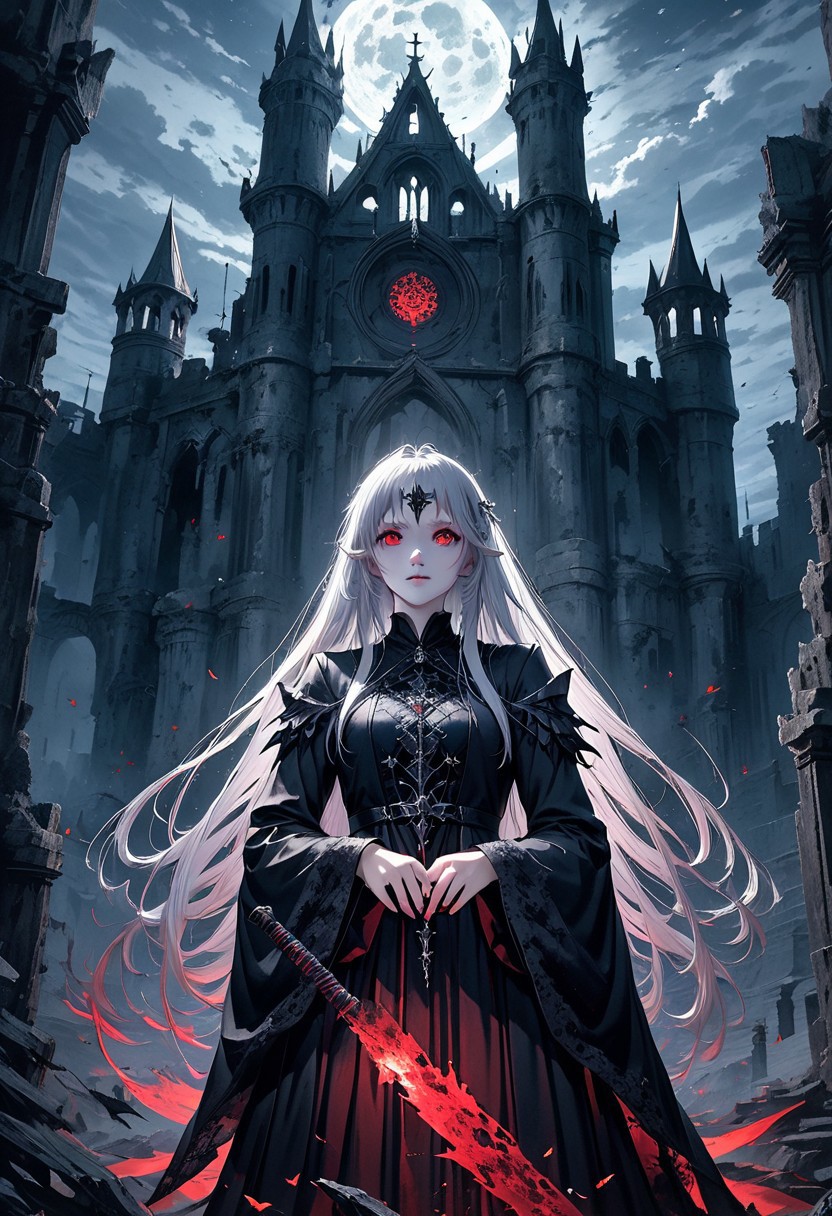 1girl, dark fantasy setting, long flowing silver hair, glowing red eyes, wearing a tattered gothic dress with intricate lace, black wings, holding a magical staff emitting dark aura, standing in a ruined castle lit by moonlight, atmospheric lighting, high detail, hyperrealistic anime style, inspired by 90s anime art of Sinozick.