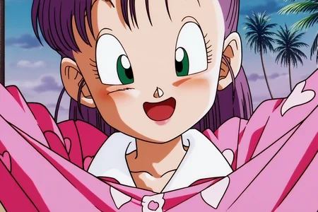source_anime, score_9, score_8_up, score_7_up, anime screencap,
bulma, 1girl, solo, long hair, smile, open mouth, green eyes, purple hair, tree, clothes lift, close-up, palm tree, retro artstyle, heart print, pajamas
<lora:bulmaPTP_pony_v1:0.8>