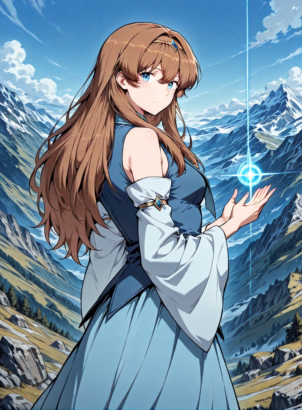 <lora:Anjac_Protesia__The_Knight_King_Who_Returned_with_a_God__Illustrious:1>
brown hair, long hair, hair between eyes, bangs, blue eyes
blue dress,  detached sleeves, hairband, skirt, long dress, wide sleeves, bare shoulders
score_9, score_8_up, score_7_up, source anime, BREAK, cowboy shot, (from side), looking back, looking at viewer, overlooking mountain, high altitude, scenery, exterior, background, (solo), perfect hands, <lora:iLLMythG0thicL1nes:1>