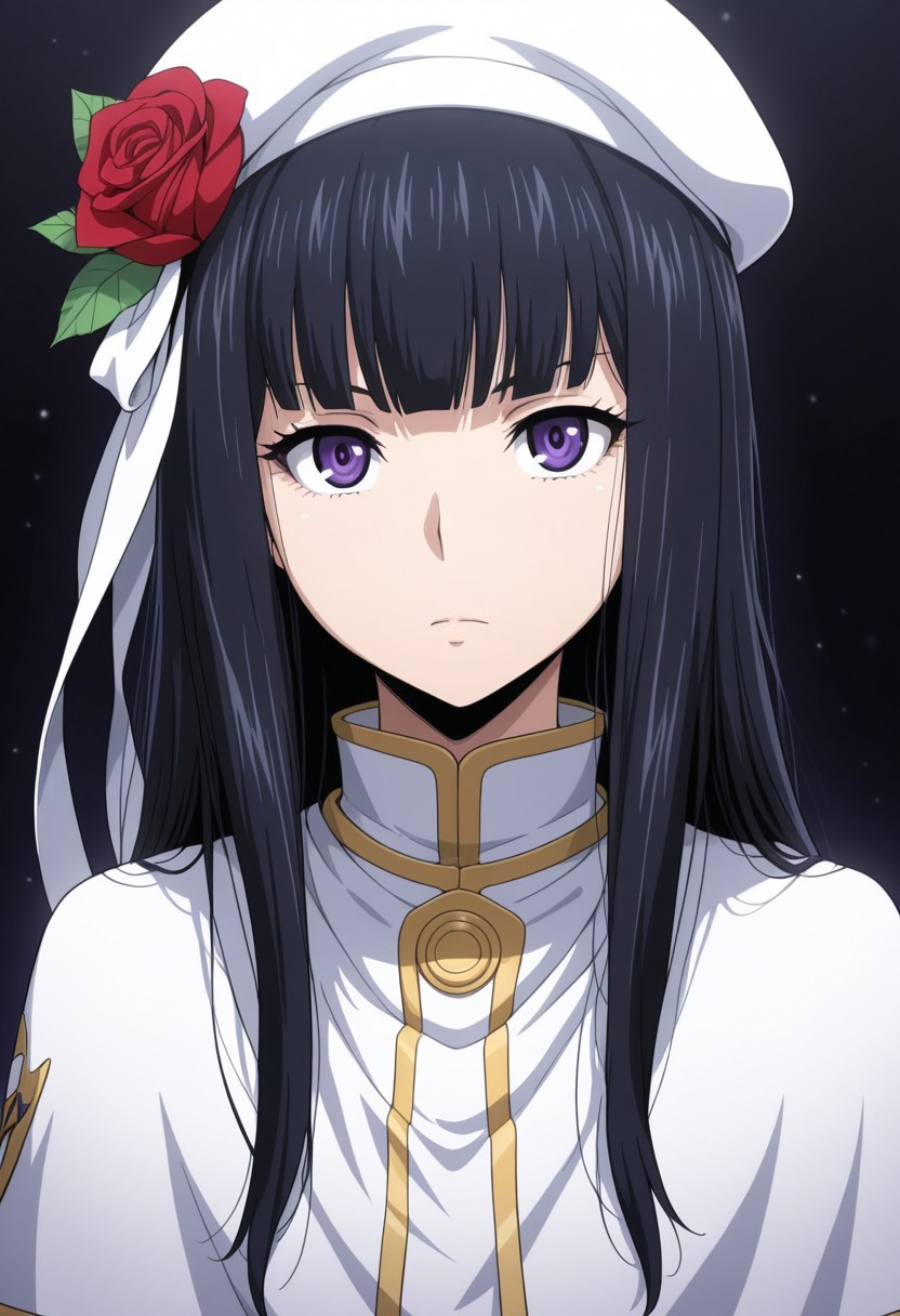 masterpiece, best quality, amazing quality,1girl, solo, BREAK
mitsukadokb,black hair,long hair,purple eyes,hat,rose,white capelet,
BREAK
,upper body,portrait, looking at viewer