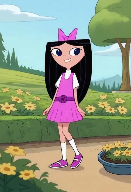 score_9, score_8_up, score_7_up BREAK IsaPF, 1girl, long black hair, dark blue eyes, pink bow, sleeveless pink dress, purple belt, round purple buckle, short-sleeved white shirt, white socks, pink shoes with white accents, cartoon, source_cartoon, smiling, full body, flower garden outdoors, flowers background,