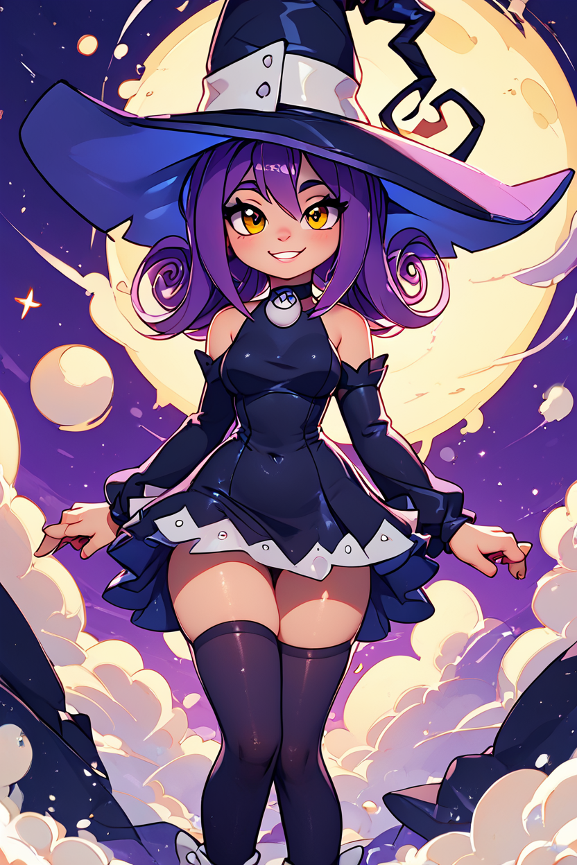 score_9, score_8_up, score_8, medium breasts, (curvy), cute, eyelashes,       BREAK, , zzBlair, 1girl, solo, yellow eyes, purple hair, witch hat, witch, detached sleeves, black short dress, thighhighs,  <lora:Blair_SoulEater_PDXL_v1:1.0>, , BREAK, socks, big shoes, ,,, smile, looking at viewer, cowboy shot, ,,, embedding:zPDXL, Expressiveh, ,,, <lora:CuteToonPDXL:0.8>, <lora:SDXLFaeTastic2400:0.5>, <lora:Expressive_H-000001:0.4>,