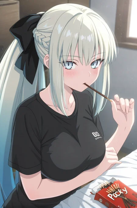 1girl,morgan le fay (fate),pocky,shirt,breasts,long hair,blue eyes,black shirt,solo,french braid,braid,food,bow,black bow,grey hair,large breasts,hair bow,ponytail,blush,looking at viewer,t-shirt,bangs,very long hair,pocky day,short sleeves,sidelocks,mouth hold,<lora:FGO_Spring2025_NewMaster_PromoStyle:0.8>,, masterpiece,best quality,amazing quality,