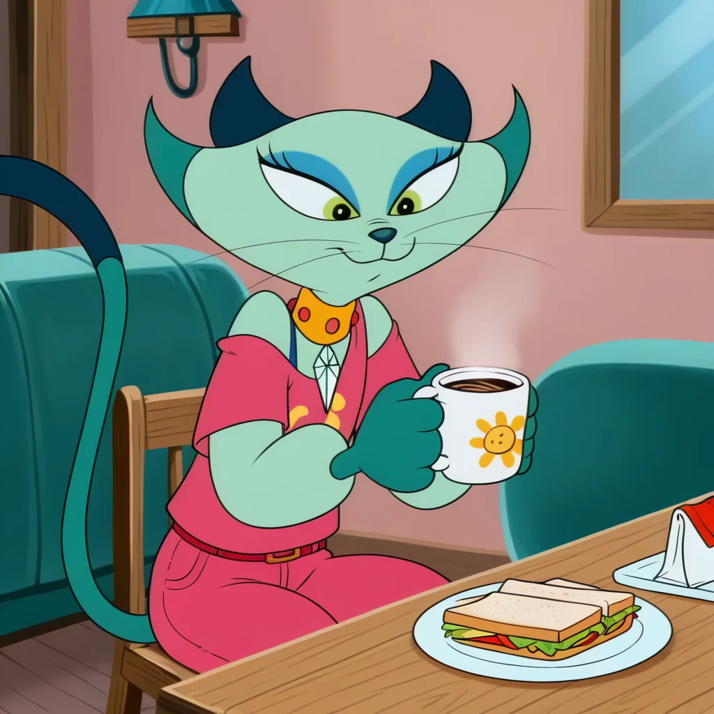 masterpiece, best quality, amazing quality, very aesthetic, high resolution, ultra-detailed, absurdres, newest, lonbluewolf BREAK 1girl, solo, c4tnip, anthro, furry female, cat ears, cat tail, blue eyeshadow, green fur, dark green fur, two-tone fur, light green eyes, dark green ears, whiskers, collar, gemstone, pink shirt, red pants, sitting, on chair, drinking coffee, coffee mug, napkin, napkin holder, chairs, tables, plate on table, sandwich on plate, indoors, living room