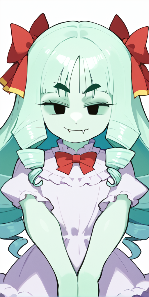 <lora:Inkerkton-PonyXL-1024px-v1.0:0.9> score_5_up,score_6_up,1girl,  looking at viewer, source_anime, solo, thick eyebrows, drill hair, anime coloring, Lady Bow, Boo, Ghost, ghostly skin, long hair, bangs, blunt bangs, laughing at viewer, black eyes, solid eyes, parted hair, frilly dress, personification, fang, smug, <lora:Lady_Bow_Paper_Mario:1> <lora:naip33:1>