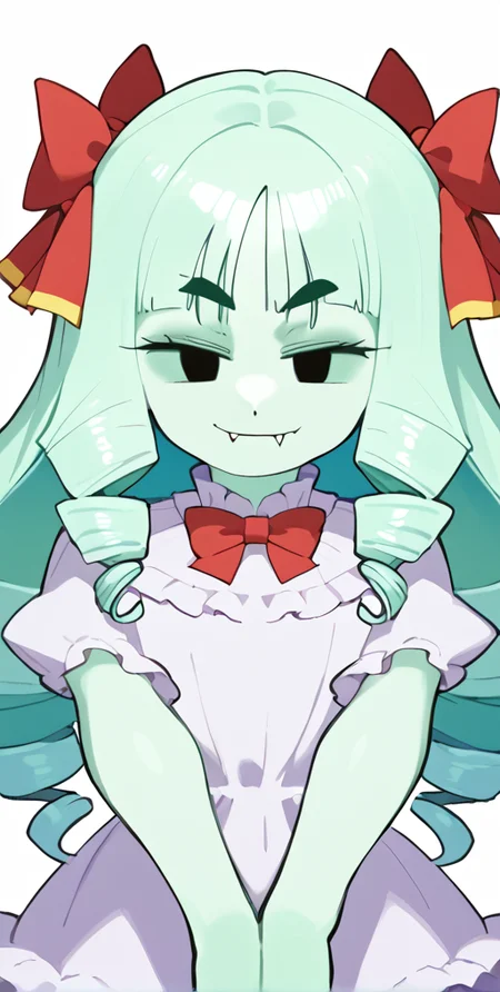 <lora:Inkerkton-PonyXL-1024px-v1.0:0.9> score_5_up,score_6_up,1girl, looking at viewer, source_anime, solo, thick eyebrows, drill hair, anime coloring, Lady Bow, Boo, Ghost, ghostly skin, long hair, bangs, blunt bangs, laughing at viewer, black eyes, solid eyes, parted hair, frilly dress, personification, fang, smug, <lora:Lady_Bow_Paper_Mario:1> <lora:naip33:1>