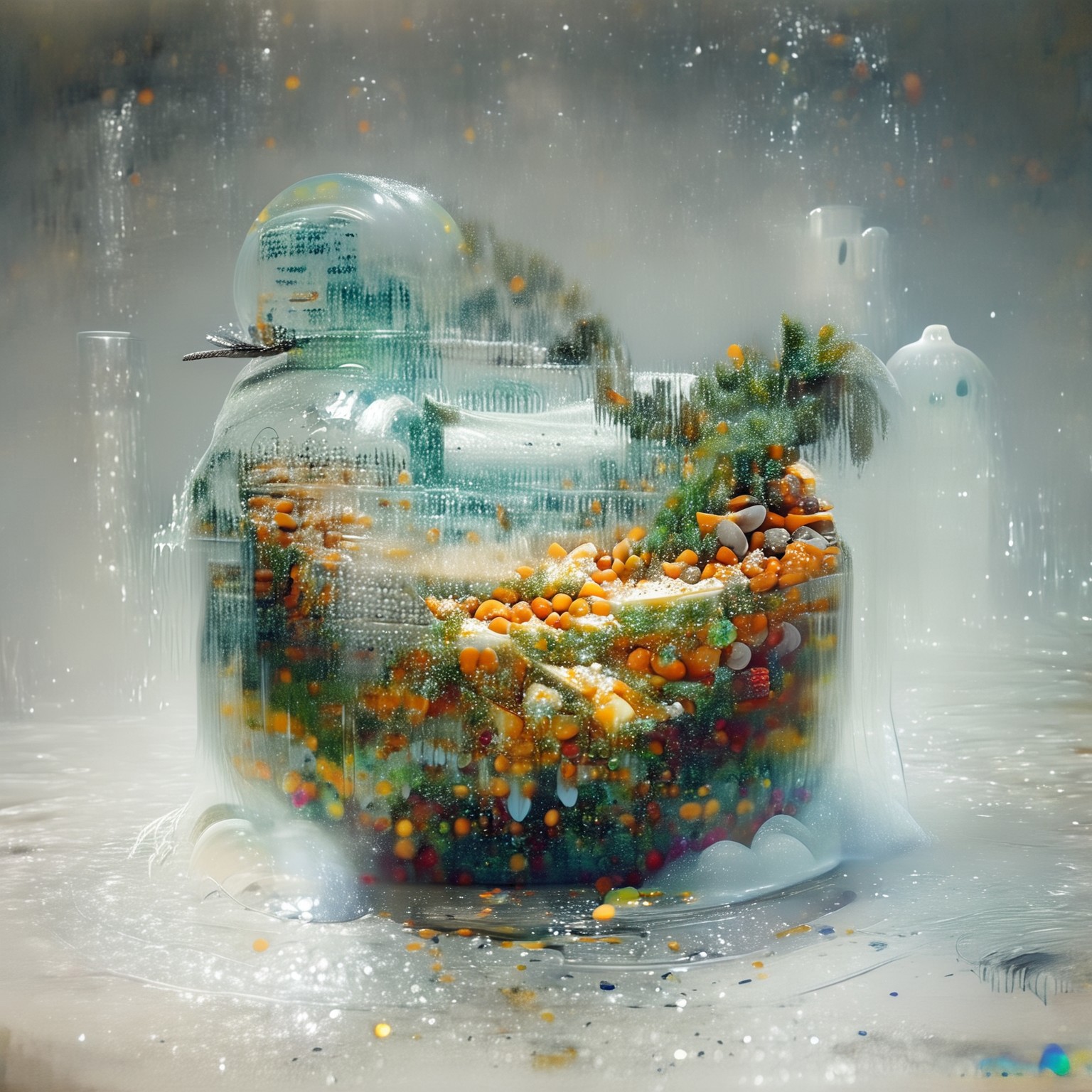 foodphoto, a bowl of fruit made out of slime, fruit in a bowl, fruit made of slime, fruit still life, bowl made of slime, table made of slime,
natural light, no bright spots, 
((translucent slime)), ((transparent slime)), made of water, (bioluminescent slime), sl1m3, slime, slime-morph, ais-blmn, saturated colors, no creatures, no humans, no monsters, no pokemon, scenery only, scenery, ral-lava, watce, food_focus, ral-fruitsalad