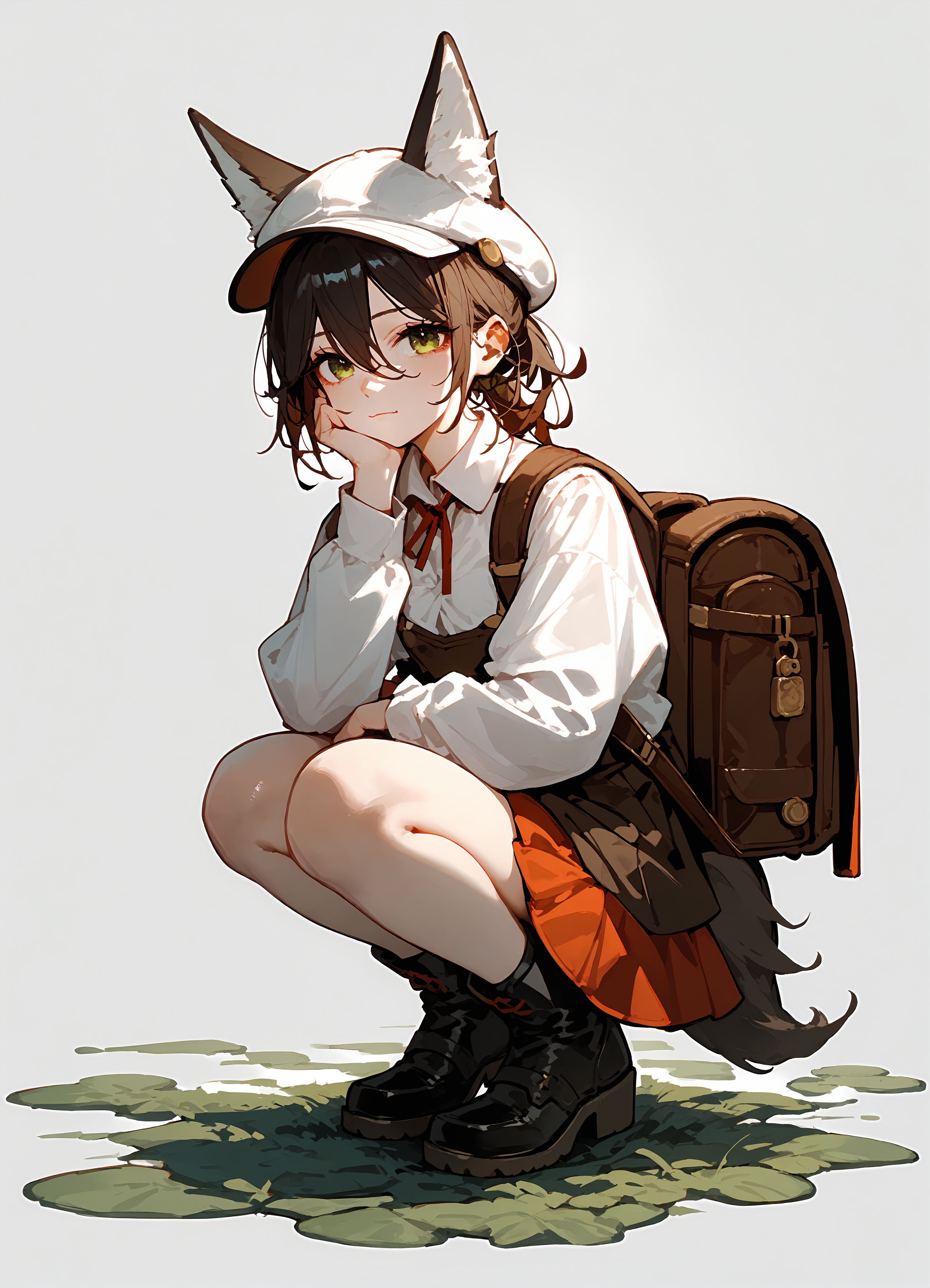 (score_9, score_8_up, score_7_up), 1girl, tingyun, fox tail, cabbie hat, long sleeves, collared shirt, frilled dress, boots, backpack, squatting, simple background, closed mouth, hand on own cheek, arm support, <lora:tingyun-hsrPO-v2B:0.9>