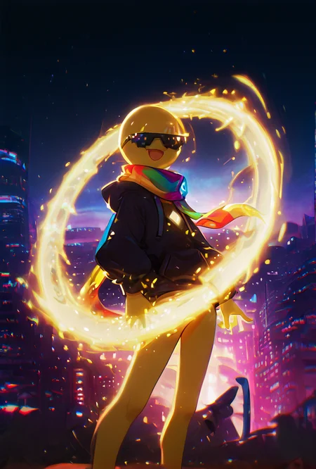<lora:xmattar-10:1> xmattar, open mouth, rainbow scarf, , solo, smile, pixel sunglasses, 1boy,black hoodie, yellow skin, circular head,,yellow legs, no pants, <lora:WeaponSpellBindIL:1> spell bind <lora:WSSKX_WAI:1>, cyberpunk city, night time, sky scraper view, zoomed out shot,, masterpiece, best quality, amazing quality, very aesthetic, absurdres, newest,
