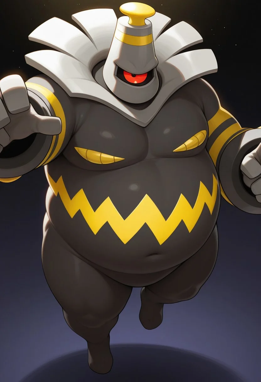 1boy, solo, standing up, no clothing, floating, Dusknoir_Char, pokemon_(creature), cyclops, one eye, mouthless, anthro, fat, chubby, red eye, looking at viewer