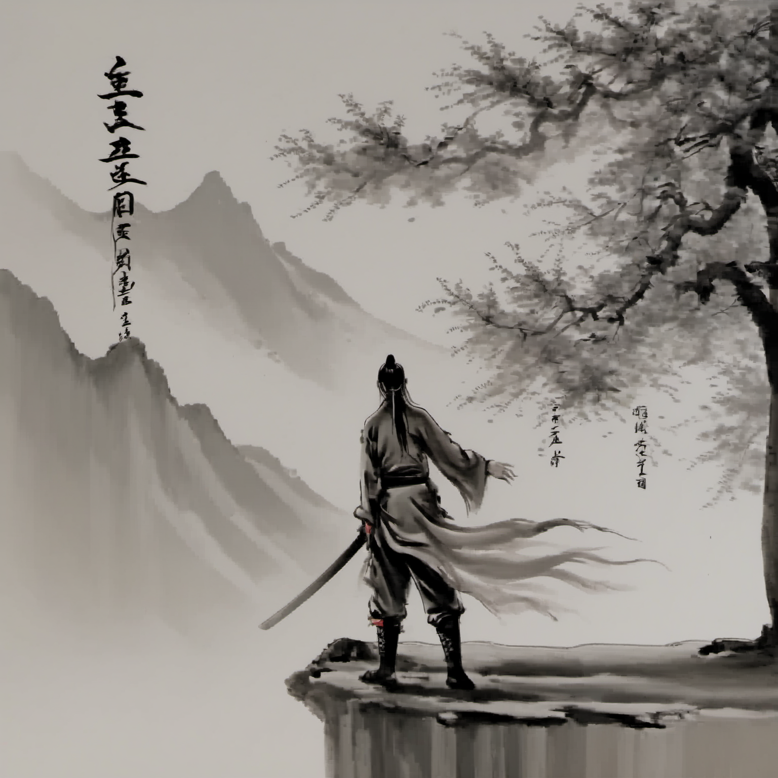 <lora:ink_xiakexing_xl:0.8>,tree,mountains,
ink painting,a drawing of a person with a long hair and a sword in his hand and a chinese writing on the wall,solo,1boy,hat,holding,standing,monochrome,weapon,greyscale,male focus,boots,sword,grey background,from behind,holding weapon,holding sword,letterboxed,topknot,long sleeves,ponytail,japanese clothes,katana,walking,chinese text,facing away,