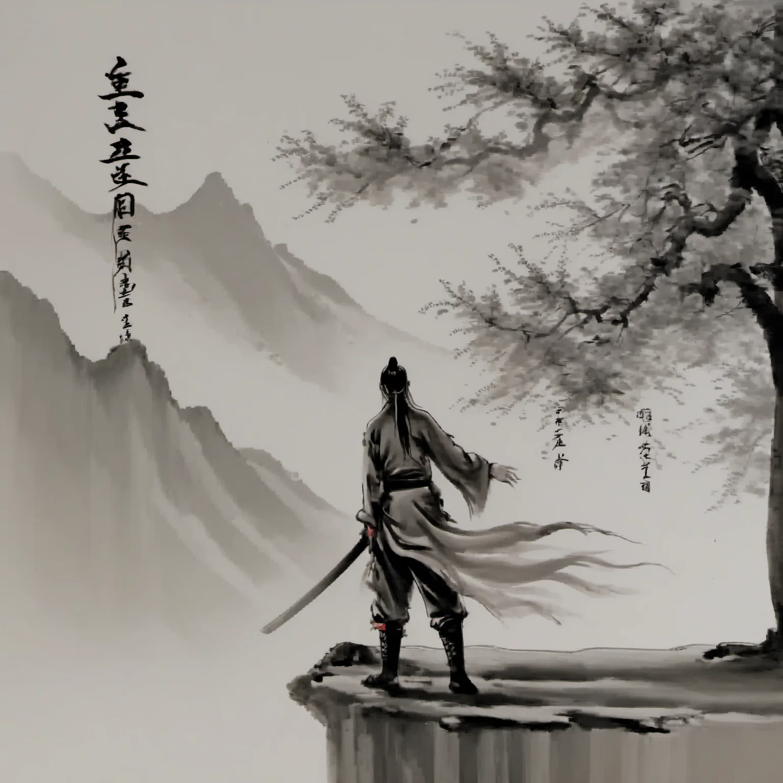 <lora:ink_xiakexing_xl:0.8>,tree,mountains,
ink painting,a drawing of a person with a long hair and a sword in his hand and a chinese writing on the wall,solo,1boy,hat,holding,standing,monochrome,weapon,greyscale,male focus,boots,sword,grey background,from behind,holding weapon,holding sword,letterboxed,topknot,long sleeves,ponytail,japanese clothes,katana,walking,chinese text,facing away,