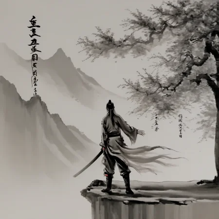 <lora:ink_xiakexing_xl:0.8>,tree,mountains,
ink painting,a drawing of a person with a long hair and a sword in his hand and a chinese writing on the wall,solo,1boy,hat,holding,standing,monochrome,weapon,greyscale,male focus,boots,sword,grey background,from behind,holding weapon,holding sword,letterboxed,topknot,long sleeves,ponytail,japanese clothes,katana,walking,chinese text,facing away,