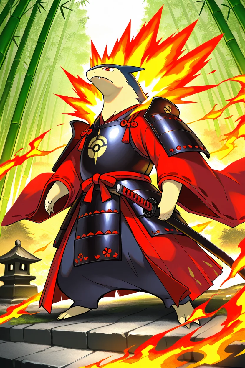 masterpiece, best quality, no humans, pokemon (creature), fire, <lora:TyphlosionPokedexIXL:1.0>, Samurai/Eastern Fantasy, zzTyphlosion wearing traditional armor, katana, flowing kimono, cherry blossom, ancient temple, bamboo forest, mystical creature, serene landscape