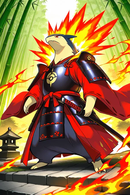 masterpiece, best quality, no humans, pokemon (creature), fire, <lora:TyphlosionPokedexIXL:1.0>, Samurai/Eastern Fantasy, zzTyphlosion wearing traditional armor, katana, flowing kimono, cherry blossom, ancient temple, bamboo forest, mystical creature, serene landscape