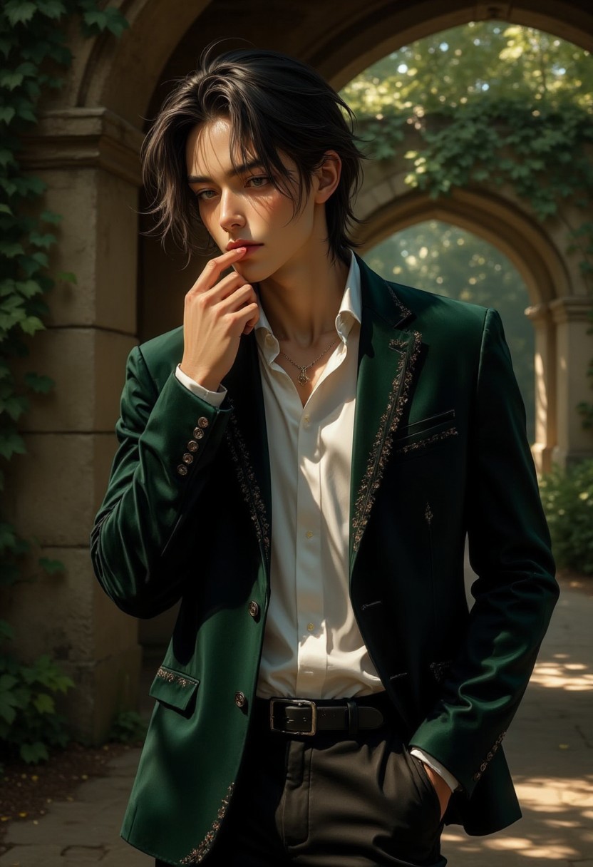 A close-up portrait of a striking man with shoulder-length, tousled dark brown hair, exuding a rugged yet refined charm. He is dressed in a tailored, deep forest green velvet blazer with a high collar and subtle, intricate embroidery along the edges, creating an air of aristocratic elegance. The blazer is paired with a loose, white silk shirt underneath, slightly unbuttoned at the collar, allowing a glimpse of a delicate gold chain around his neck. His pants are dark, slim-fitting, and slightly cuffed at the ankle, with polished leather boots completing the sophisticated ensemble.
In the background, an ancient stone archway is partially covered in ivy, with sunlight filtering through the leaves, casting dappled shadows across the scene. The composition captures him with one hand resting casually in his pocket, while the other is raised slightly, fingers brushing his chin, as if contemplating something deeply. The pose blends a sense of ease with intensity, highlighting his confident demeanor.
The lighting is low-key with atmospheric haze, casting deep shadows and accentuating the contours of his face and body. The cinematic darkness creates a dramatic effect, highlighting his presence in the space, while maintaining an overall sense of tranquility and timeless elegance.