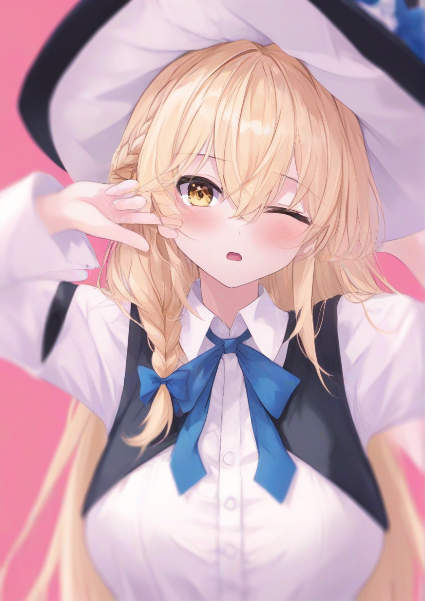 1girl, kirisame marisa, huge breast, arm garter, arm up, black headwear, black vest, blonde hair, blue ribbon, blush, braid, buttons, hair between eyes, hair ribbon, hat, hat ribbon, long hair, long sleeves, looking at viewer, mini-hakkero, one eye closed, open mouth, pink background, ribbon, shirt, solo, upper body, vest, white shirt, witch hat, yellow eyes, zPDXL3 <lora:ã¯ã¨ã¢ã³Koo_eMong:1>