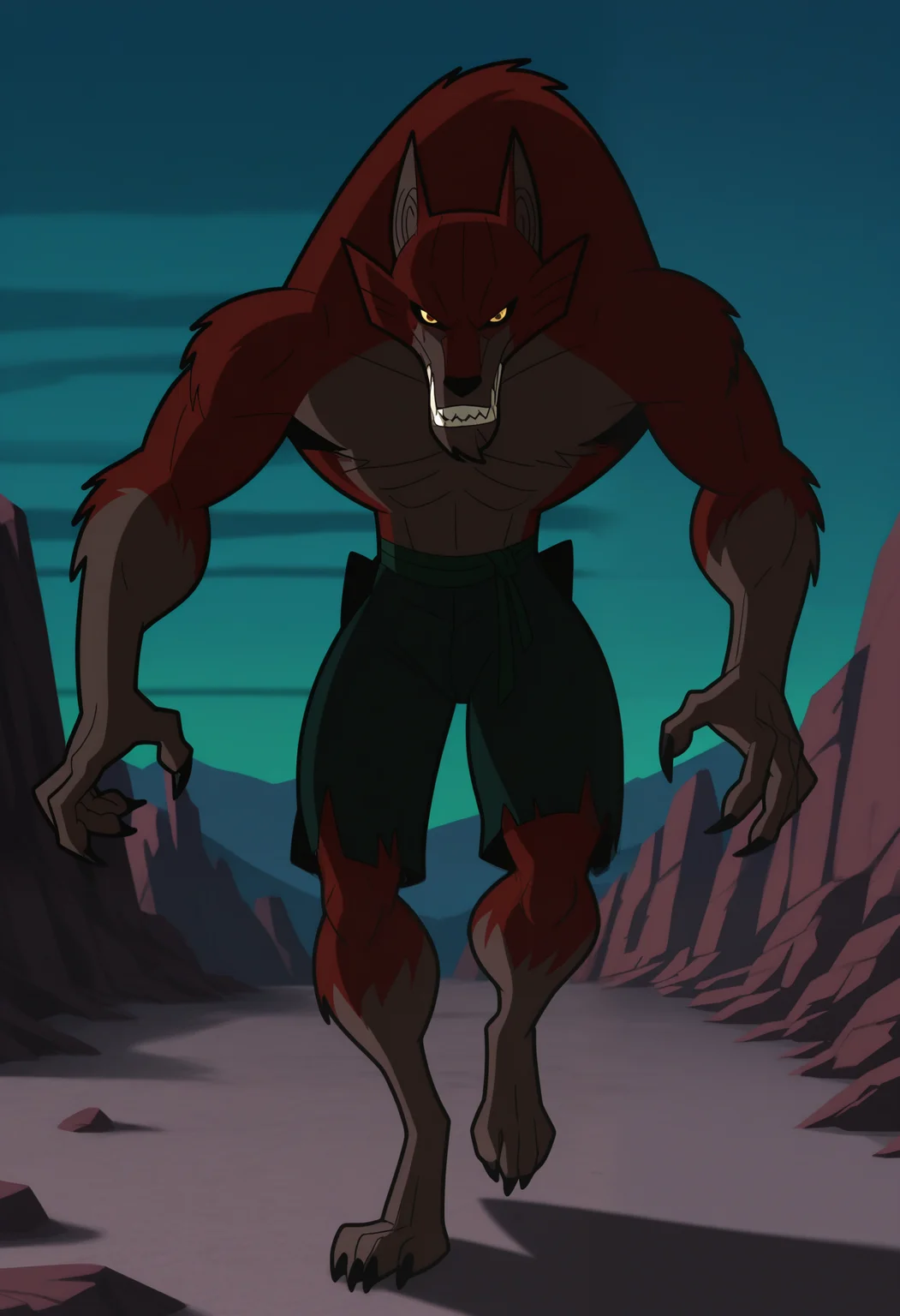 masterpiece,best quality,amazing quality, 1boy, solo, f0xb&b, werewolf, orange fur, colored sclera, red eyes, green belt, green shorts, full body, outdoors, daytime,