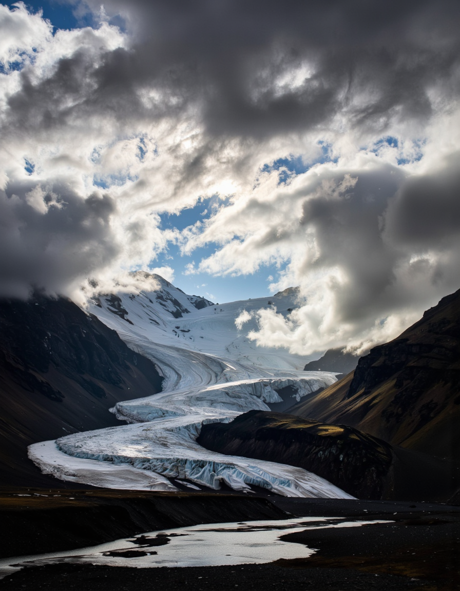 By Maria Isabel Ruiz. A photo-realistic landscape photograph from a bird's eye view, capturing a breathtaking view of a mountainous landscape with a glacier in the foreground and a cloudy sky in the background. the image is taken from a high vantage point, looking down on the valley below, showcasing a vast expanse of snow-capped mountains under a thick layer of grey, billowing clouds. the sky is a deep blue, with a few wispy clouds scattered across it, adding to the dramatic effect of the scene. the overall mood is dramatic and atmospheric, with the dramatic lighting filtering through the clouds, creating a sense of depth and dimensionality. the mountains are covered in a blanket of snow, with some patches of patches of ice visible on the peaks, and the glacier is glistening in the sunlight, adding a touch of realism to the otherwise desolate landscape. the scene is set in a mountainous area, with no humans present in sight, making it a truly breathtaking sight to behold.
