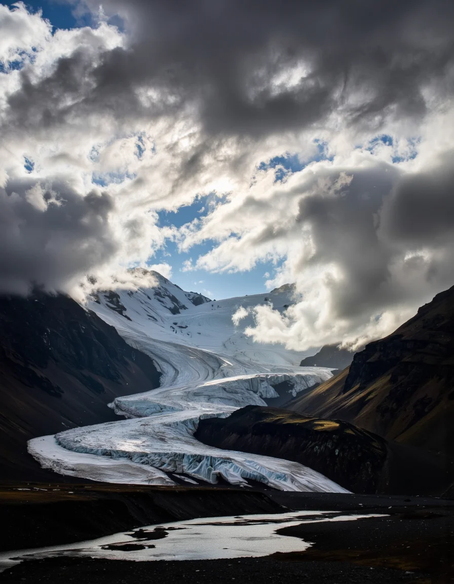 By Maria Isabel Ruiz. A photo-realistic landscape photograph from a bird's eye view, capturing a breathtaking view of a mountainous landscape with a glacier in the foreground and a cloudy sky in the background. the image is taken from a high vantage point, looking down on the valley below, showcasing a vast expanse of snow-capped mountains under a thick layer of grey, billowing clouds. the sky is a deep blue, with a few wispy clouds scattered across it, adding to the dramatic effect of the scene. the overall mood is dramatic and atmospheric, with the dramatic lighting filtering through the clouds, creating a sense of depth and dimensionality. the mountains are covered in a blanket of snow, with some patches of patches of ice visible on the peaks, and the glacier is glistening in the sunlight, adding a touch of realism to the otherwise desolate landscape. the scene is set in a mountainous area, with no humans present in sight, making it a truly breathtaking sight to behold.