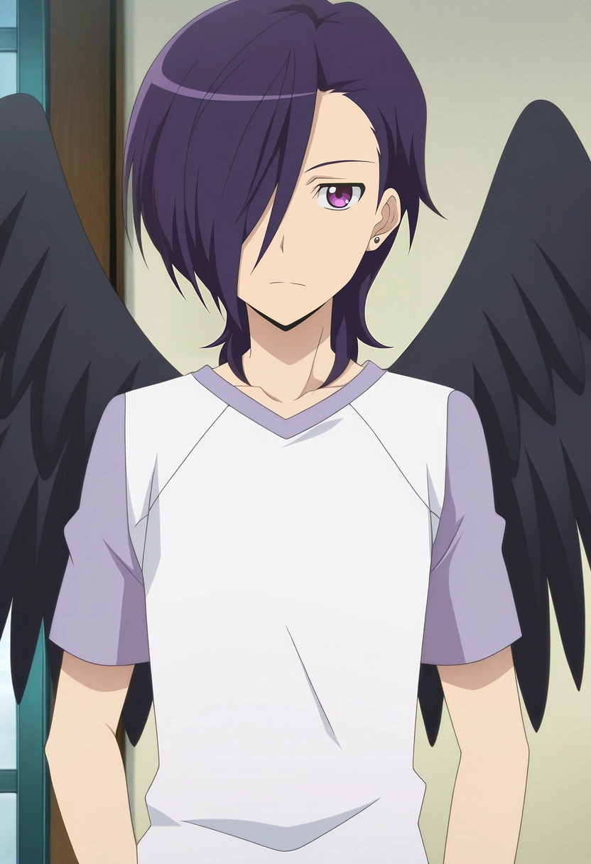 masterpiece, best quality, , anime screencap, , official style, looking at viewer, 1boy, solo, male focus, <lora:hanzou_urushihara_ilxl:0.9>, hanzou_urushihara, purple hair, purple eyes, hair over one eye, short hair, black wings, white shirt, raglan sleeves,