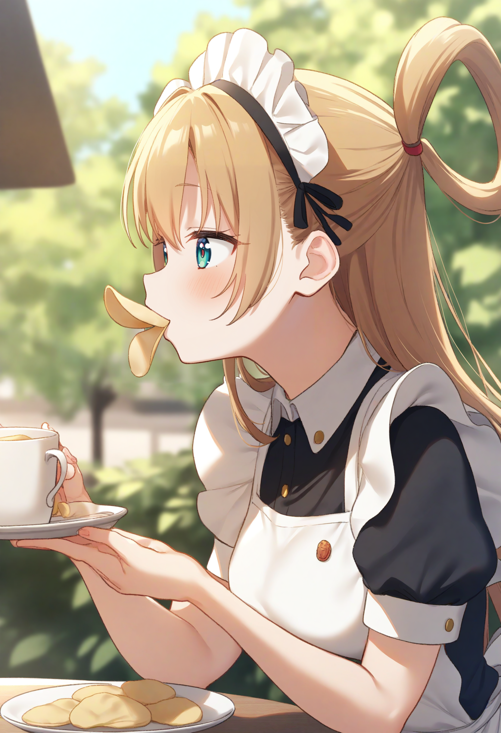 1girl,sincos, ningen mame, toosaka asagi,solo,medium breasts,20yo,maid,maid headdress,
pringle duck, potato chips, mouth hold, food in mouth, eating, <lora:pringleduck_XL_v1:0.7>
from side, panorama shot, looking ahead, blonde hair, aqua eyes,grin, cafe terrace, open mouth, hair rings hair,,
best quality, very aesthetic, absurdres