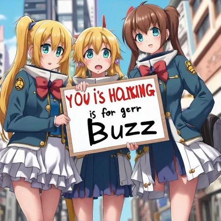 Anime girls, holding sign, asking for buzz