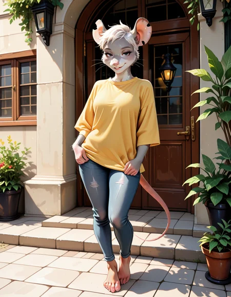 masterpiece, best quality, very aesthetic, absurdres,
outdoors, casual, 
full body, standing, posing, barefoot, 
seductive smile, parted lips, long eyelashes,
<lora:Amelia_v01_NAIXL:1>
Amelia,1girl,solo,furry,female,mouse girl,mouse ears,notched ear,white hair,very short hair,black eyes,snout,buck teeth,whiskers,body fur,grey fur,mouse tail,animal feet,