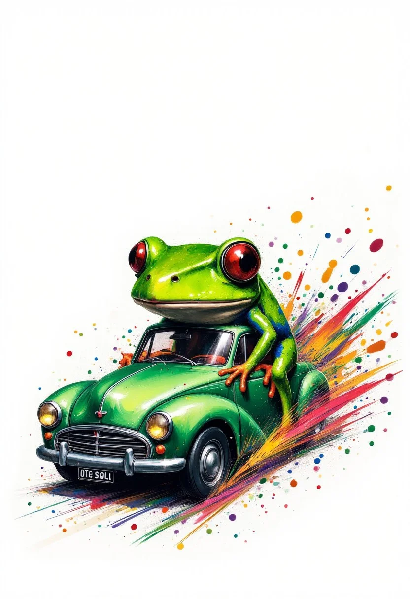 cinna flow, rainbow ink splats, monochrome, a hilariously funny depiction of a little green frog driving very fast in a tiny car, leaving a trail of rainbow ink splats behind. Very detailed, vibrant colors