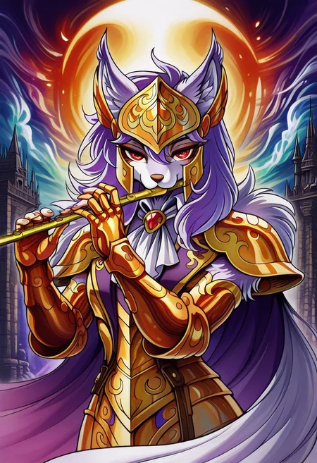 masterpiece, best quality, absurdres, solo, sirensorrento, purple hair, red eyes, sirenscale, gold armor, helmet, , flute, ascot, formal clothes, FMIXF,, vibrant details, fluffy fur, eyeliner,, csdb,, hatching (texture), vibrant colors, dark castle background, gradient colors, colorful clouds,