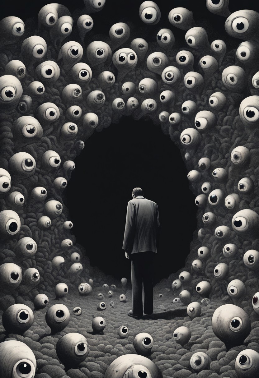 score_9, score_8_up, score_7_up, Surrealism, a background of eyeballs in a black void, 1 man cowering in terror in on ground, suffering from fear, guro, mind broken