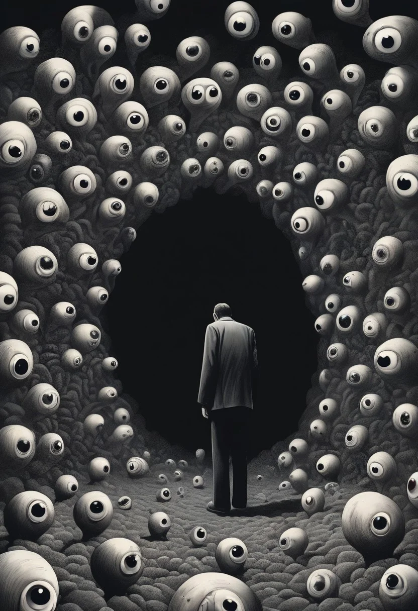 score_9, score_8_up, score_7_up, Surrealism, a background of eyeballs in a black void, 1 man cowering in terror in on ground, suffering from fear, guro, mind broken