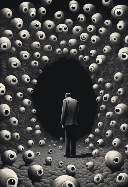 score_9, score_8_up, score_7_up, Surrealism, a background of eyeballs in a black void, 1 man cowering in terror in on ground, suffering from fear, guro, mind broken