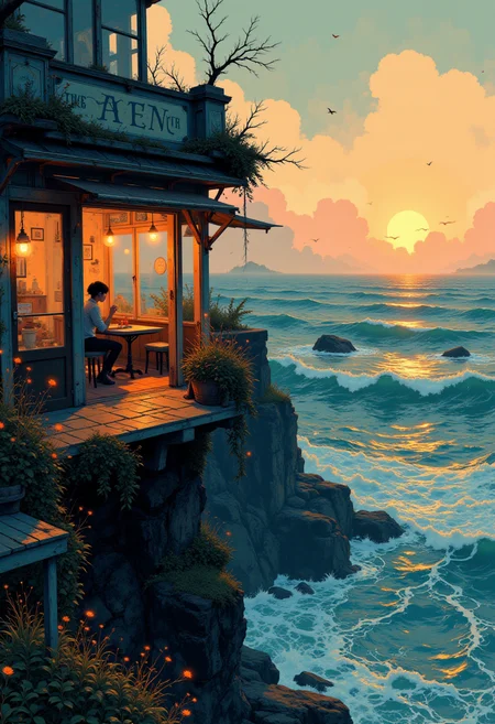 A cozy, vintage café perched on a cliff overlooking a glowing, ethereal sea. Golden lamplight spills out from its windows, blending with the pastel hues of the sunset sky. A figure sits alone at a table, lost in thought as glowing waves crash below.