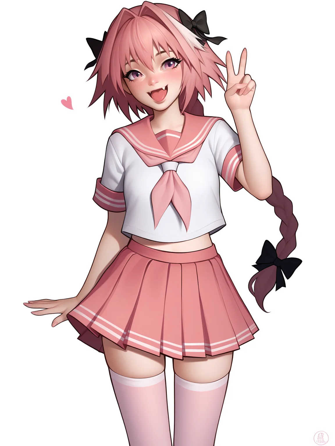 score_9, score_8_up, score_7_up, score_6_up, score_5_up, score_4_up, rating_safe
BREAK
astolfo \(fate\), otoko no ko, pink hair, braid,
BREAK
solo, standing, pink serafuku, white shirt, pink thighhighs, pink skirt, peace sign,
BREAK
white background, <lora:Lunas-NatTheLich-SDXL-C2:1>