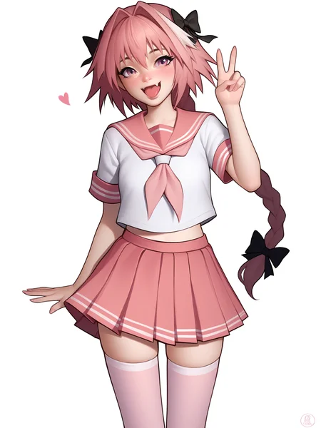 score_9, score_8_up, score_7_up, score_6_up, score_5_up, score_4_up, rating_safe
BREAK
astolfo \(fate\), otoko no ko, pink hair, braid,
BREAK
solo, standing, pink serafuku, white shirt, pink thighhighs, pink skirt, peace sign,
BREAK
white background, <lora:Lunas-NatTheLich-SDXL-C2:1>