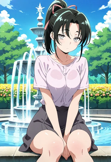 masterpiece,best quality,amazing quality,very aesthetic, anime coloring,kosaka shigure, black hair, ponytail, grey eyes, 1girl, flower, skirt, fountain, outdoors, sitting, shirt, jewelry, sky