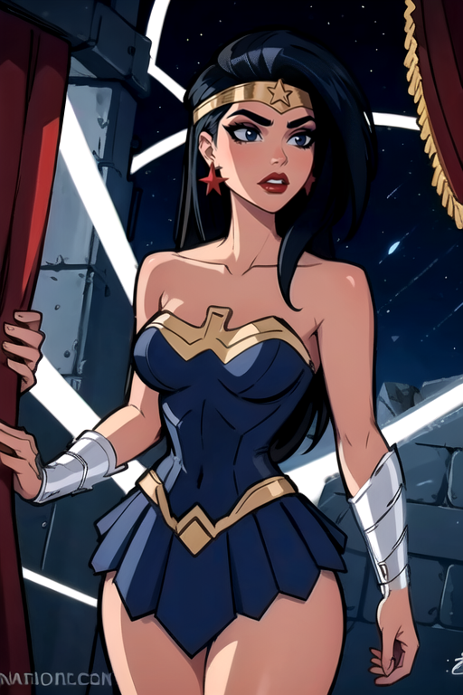 masterpiece,best quality,extreme detail,8k,<lora:wonder2:0.6>, wonderaction, 1girl, solo, long hair, breasts, skirt, black hair, bare shoulders, jewelry, medium breasts, earrings, artist name, signature, star (symbol), black eyes, leotard, lips, blue skirt, strapless, makeup, watermark, tiara, lipstick, web address, circlet, red lips, bracer, star earrings, superhero