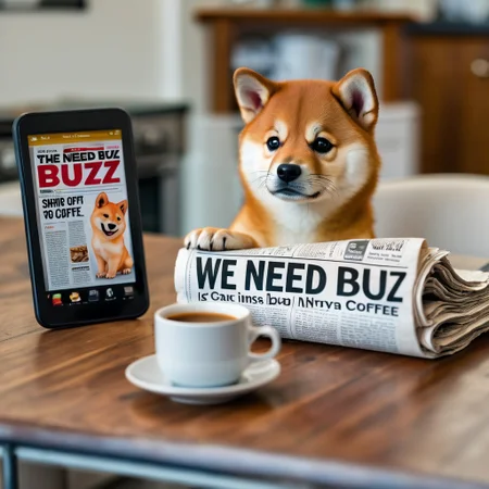 Newspaper called "The Daily Buzz" with a headline that says "We Need Buzz!" and a picture of a shiba inu puppy, on a table next to a cup of coffee