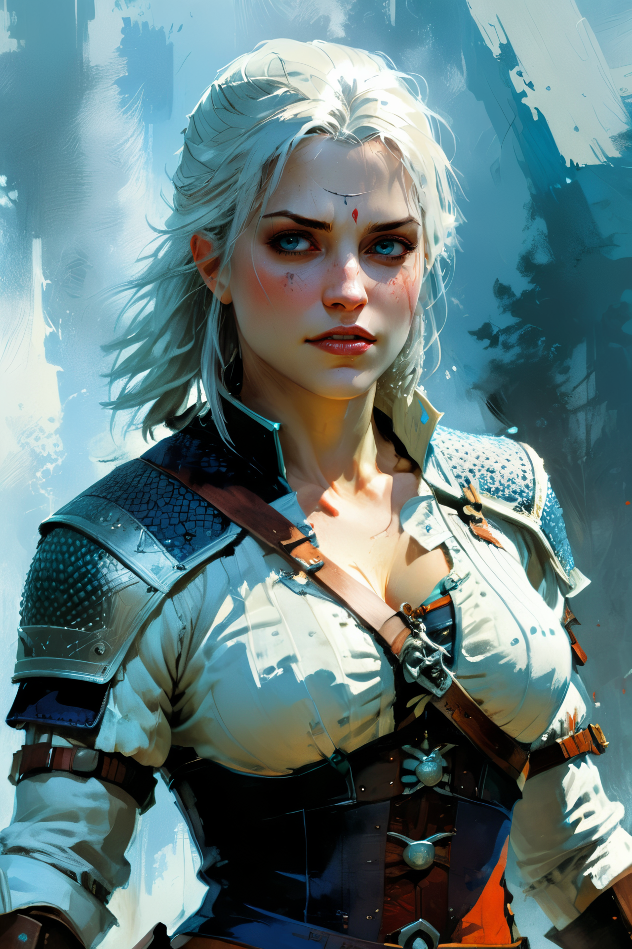 Ciri, scar, by Jason Chan, upperbody, neutral background of stylised panels, bluish fog, dynamic pose  <lora:xl_more_art-full_v1:1> <lora:John Berkey Style:1> John Berkey Style page,, (masterpiece:1.2), best quality
