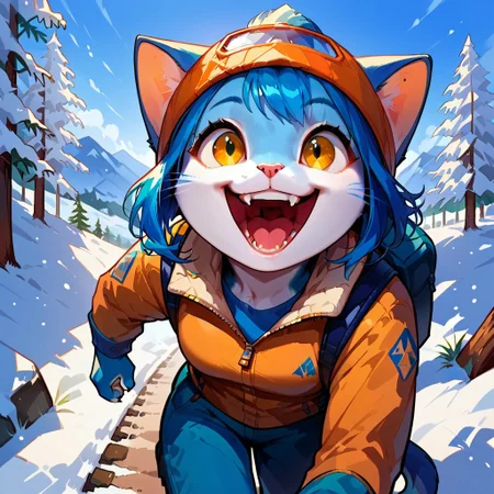 blue anthro cat, Audr3yC4t, 
core_9, score_8_up, score_7_up, source_anime, hiking in a blizzard, hiking jacket, hiking boots, snow, low visibility, white background, close up, smiling, open mouth, teeth,