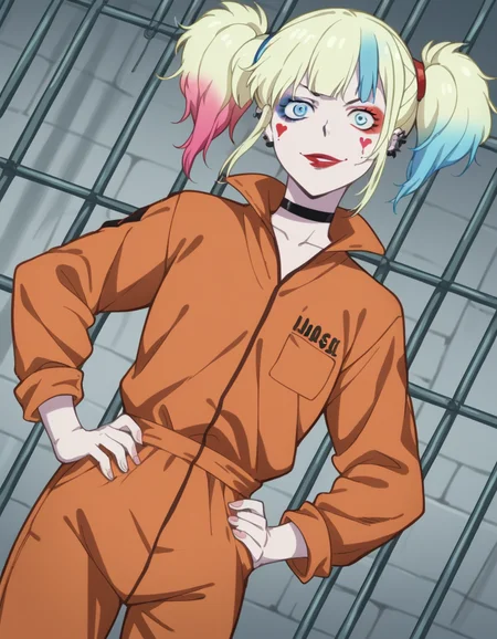 score_9, score_8_up, score_7_up, source_anime,
harleyquinn, <lora:harley-quinn-s1-ponyxl-lora-nochekaiser:1>
harley quinn, bangs, blue eyes, blonde hair, twintails, blue hair, multicolored hair, choker, gradient hair, makeup, piercing, pink hair, lips, lipstick, red lips,
long sleeves, pocket, jumpsuit, orange jumpsuit,
prison, prison cell, smile, hands on hips,
looking at viewer, cowboy shot, dutch angle, solo,