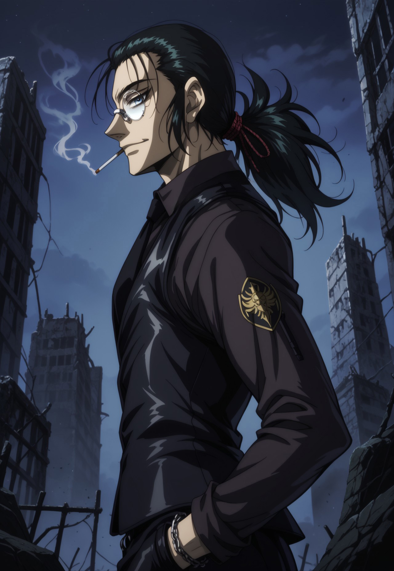 safe_pos, score_9, score_8_up, score_7_up, masterpiece, best quality, amazing quality, DarkWalter, solo, 1boy, male, black hair, ponytail, hair pulled back, hair ribbon, blue eyes, monocle, round eyewear, black shirt, black vest, black necktie, black gloves, fingerless gloves, chain bracelet, cigarette, mouth hold, smoking, smoke, looking at viewer, smirk, night, dark, ruins, three quarter view, profile