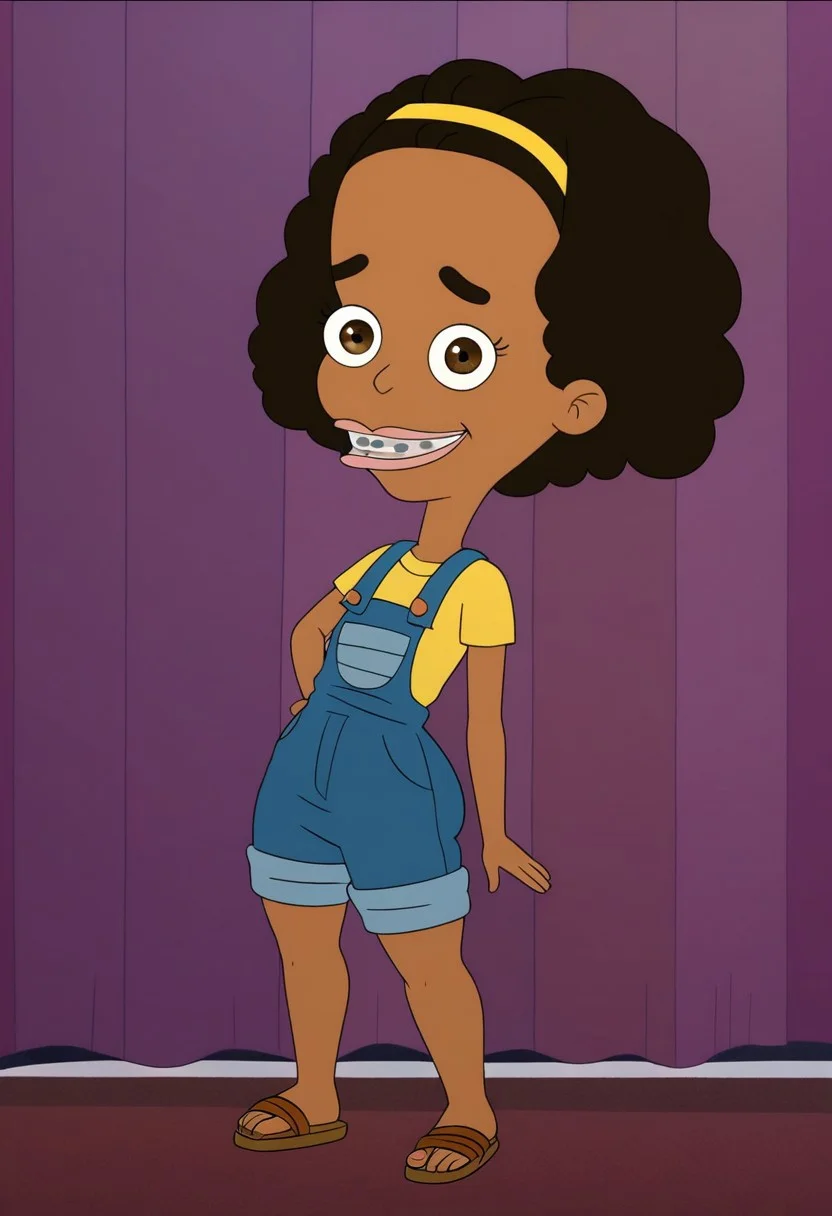 ((bedroom background)),score_9, score_8_up, score_7_up,score_6_up,
1girl, Solo, Missy_BM, medium-brown skin, light brown eyes, brown eyebrows, Voluminous curly hair, brown hair, dental braces, yellow headband, navy blue overalls, yellow shirt, brown sandals, big eyes, cute, social smile, narrow waist, huge hips, huge thighs, huge ass, big eyes, perfect smile, cowboyshot, perfect eyes, medium stature