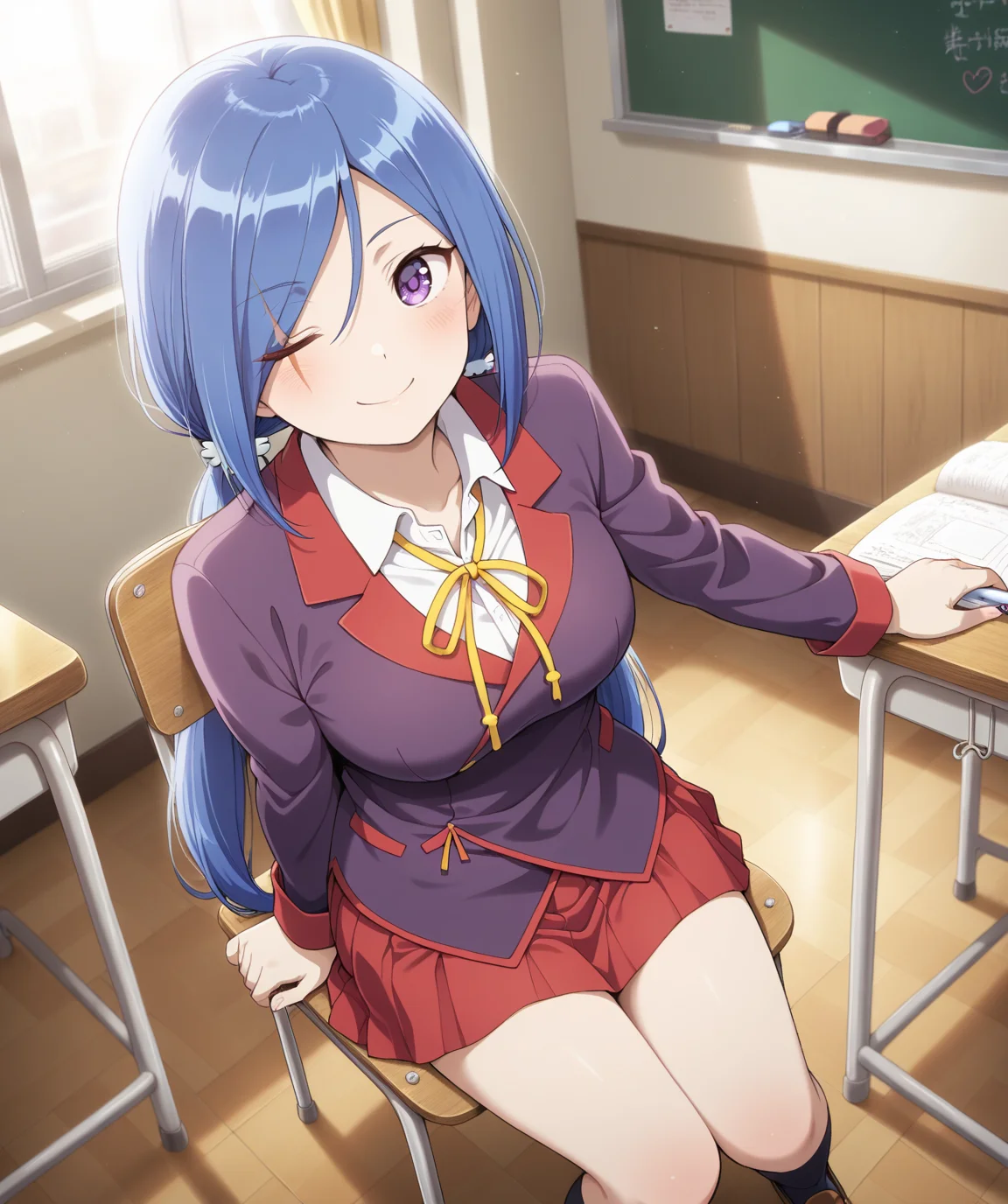 masterpiece, best quality, amazing quality, very aesthetic, ultra detail, clear line, (realistic:1.2), solo, <lora:yuki_v02:0.8>, yuki, very long hair, light blue hair, low twintails, hair ornament, purple eyes, hair over one eye, one eye closed, scar on right eye, winter uniform, dark purple jacket, white shirt, yellow string tie, red skirt, black socks, brown shoes, smile, everyday life, class room, indoor, <lora:LECO_BadHands:1.2>, <lora:LECO_GoodHands:-1.2>, <lora:cfg_scale_boost:0.7>